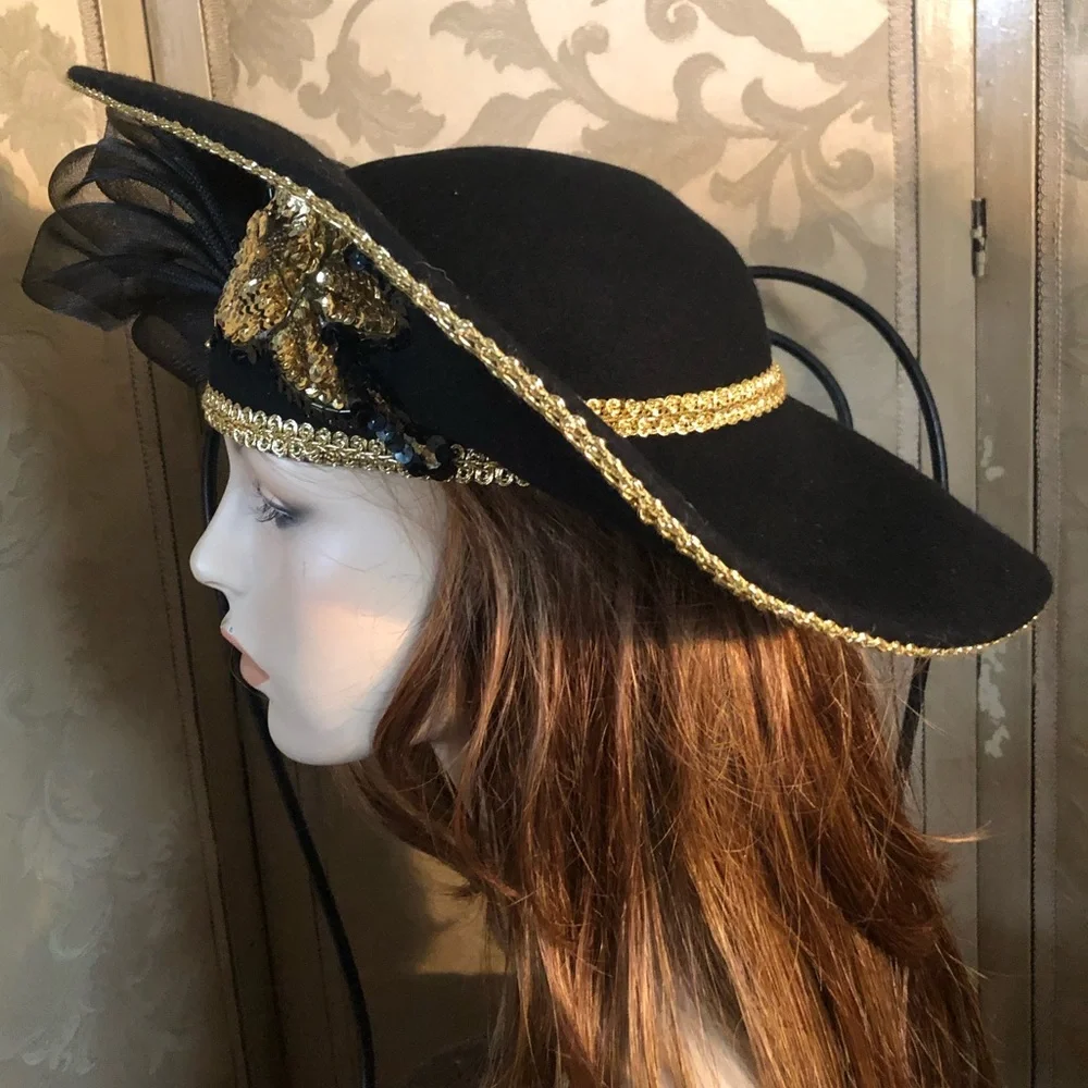 Vintage Couture Wide Brim Black & Gold Hat - Picture 9 of 14